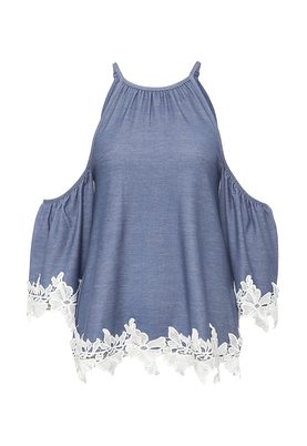 LOST INK  CROCHET TRIM DENIM LOOK COLD SHOULDER